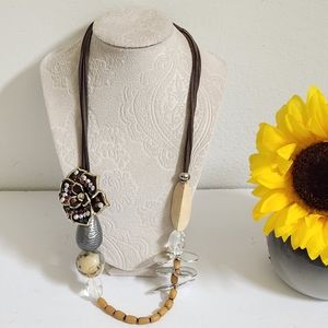 Multi faux leather Strand beaded Necklace with Flower Accent